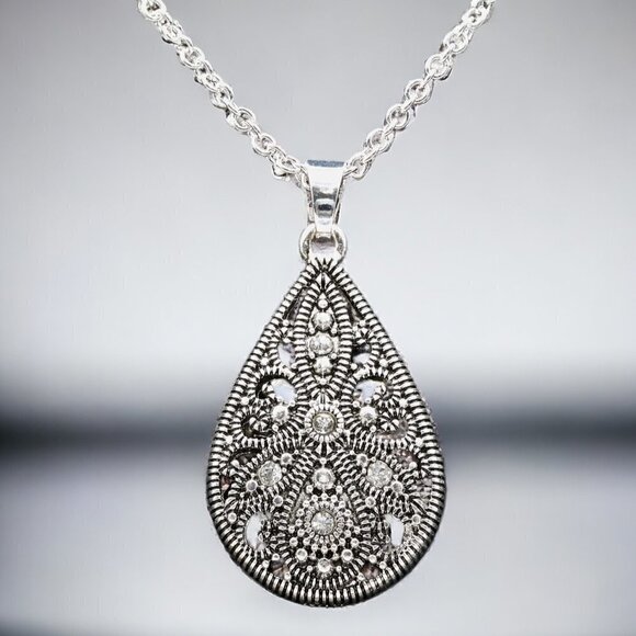 Boutique Jewelry - Antique Silver Filigree Teardrop Necklace and Earring Set